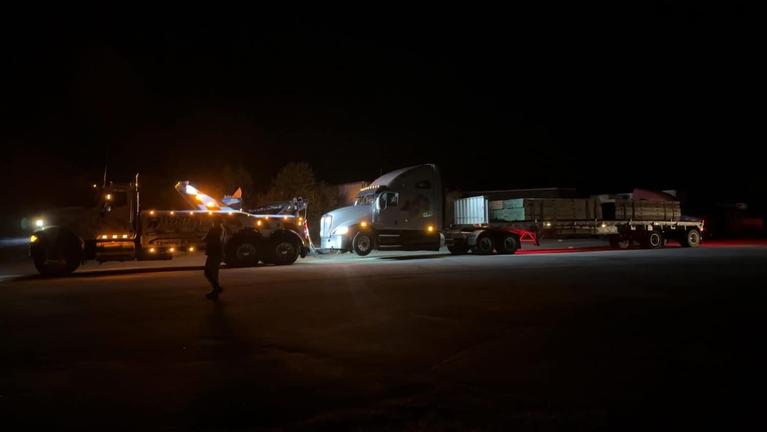 Whiting's heavy wrecker hooked to a semi tractor in Ossipee, NH